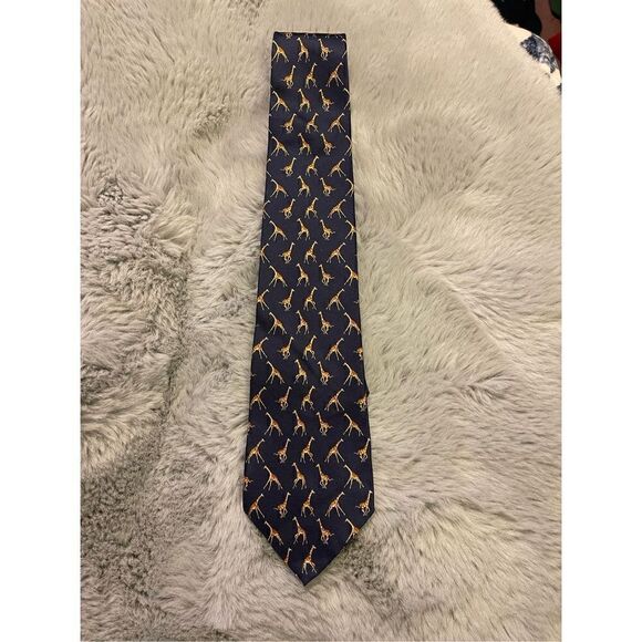 LAUREN Ralph Lauren Hand Finish Silk Tie Dark Blue with Giraffes - Picture 1 of 10